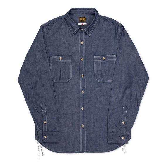 A raw indigo Benzak Denim Developers chambray work shirt on a plain white background