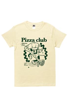 A cream Beurd t-shirt with a green 'Pizza club' cartoon print