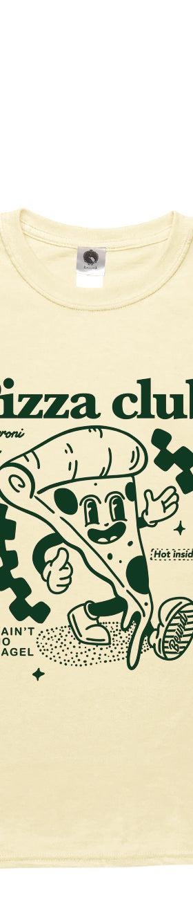 A cream Beurd t-shirt with a green 'Pizza club' cartoon print