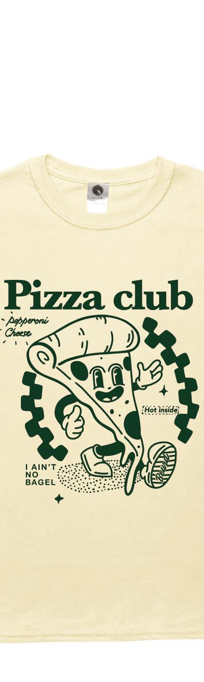A cream Beurd t-shirt with a green 'Pizza club' cartoon print