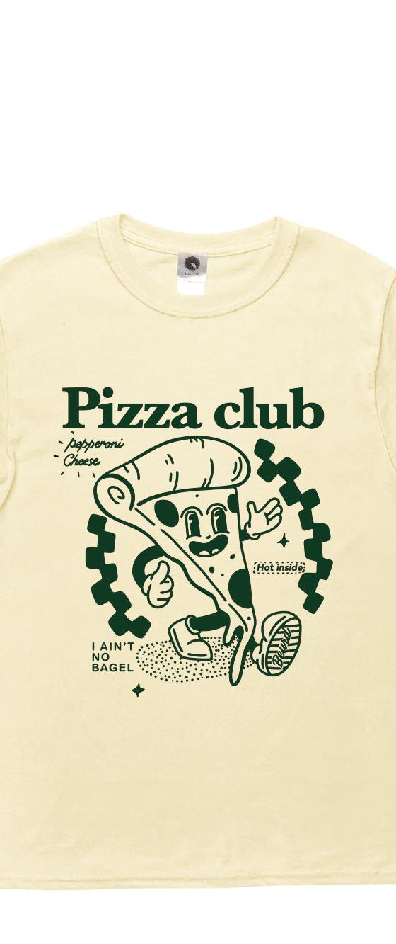 A cream Beurd t-shirt with a green 'Pizza club' cartoon print