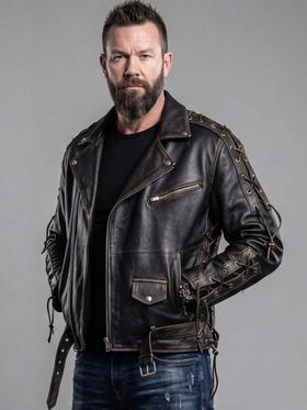 A man wearing a distressed black leather biker jacket with laced sleeves