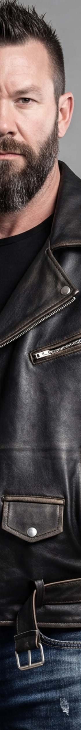 A man wearing a distressed black leather biker jacket with laced sleeves