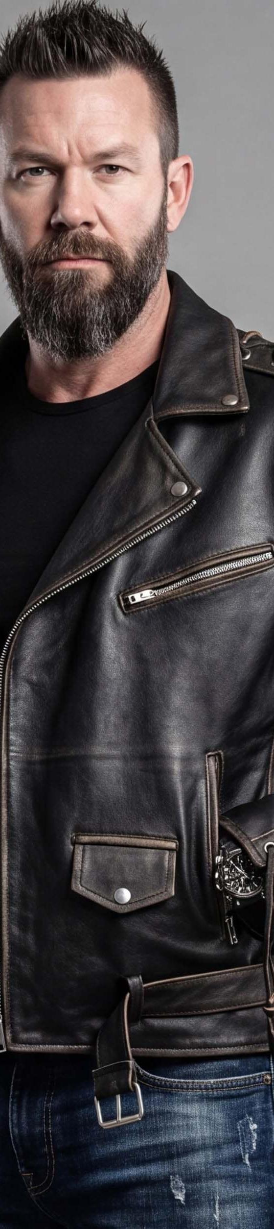 A man wearing a distressed black leather biker jacket with laced sleeves