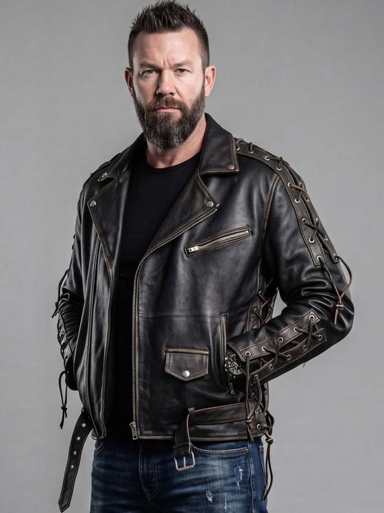 A man wearing a distressed black leather biker jacket with laced sleeves