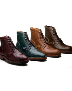 Four hand-welted grain leather lace-up boots in oxblood, green, tan and dark brown