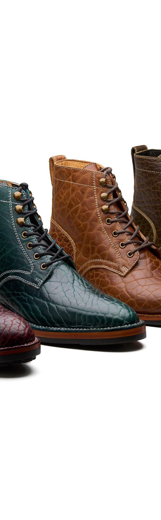 Four hand-welted grain leather lace-up boots in oxblood, green, tan and dark brown