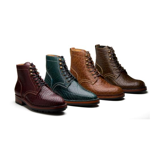 Four hand-welted grain leather lace-up boots in oxblood, green, tan and dark brown