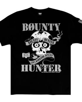 A black Bounty Hunter T-shirt with a skull and banner graphic