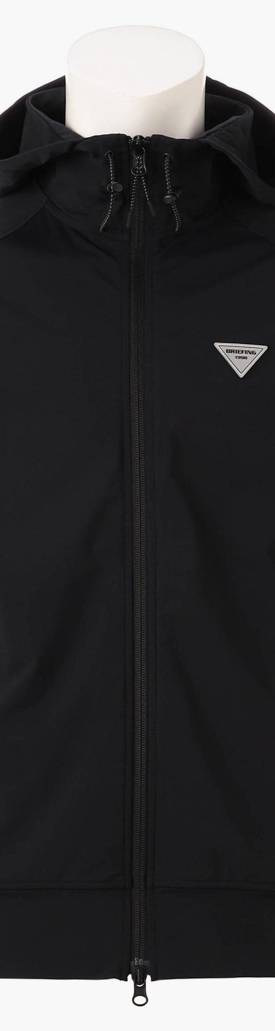 A black BRIEFING zip-up hooded jacket shown on a mannequin