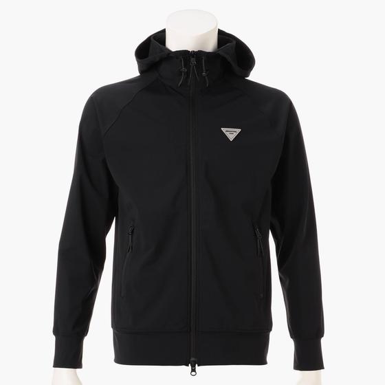 A black BRIEFING zip-up hooded jacket shown on a mannequin