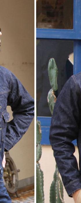 Two men wearing indigo BURGUS PLUS denim jackets outside a shop
