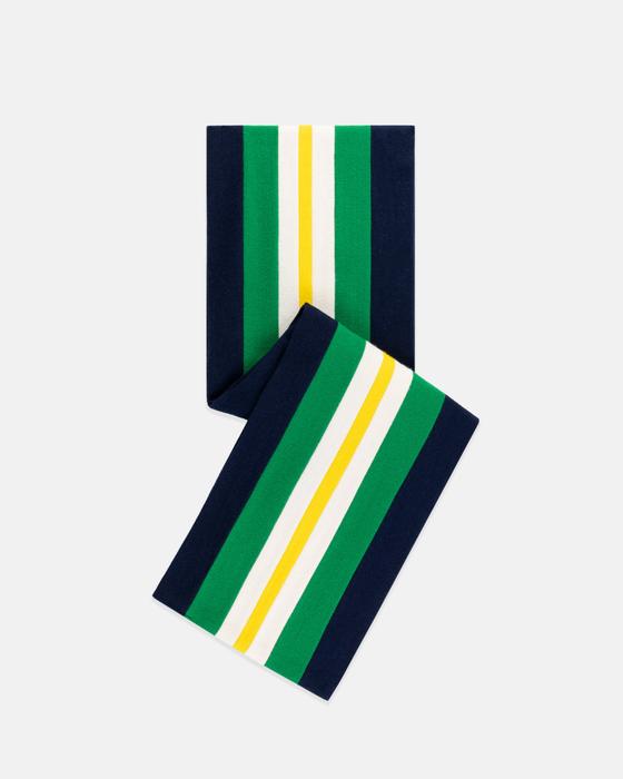 A navy, green, white and yellow striped C.H. Munday club scarf folded on a plain background