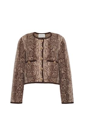 A brown snake-print cropped knit jacket with gold buttons and contrast trim