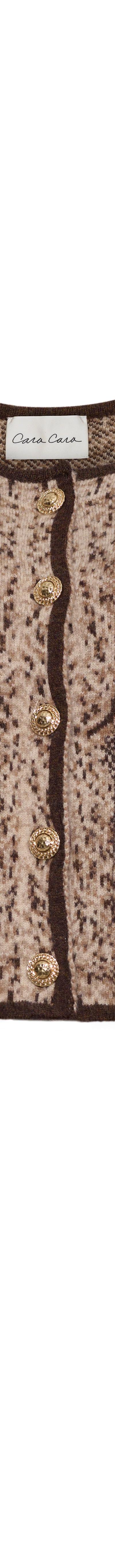 A brown snake-print cropped knit jacket with gold buttons and contrast trim