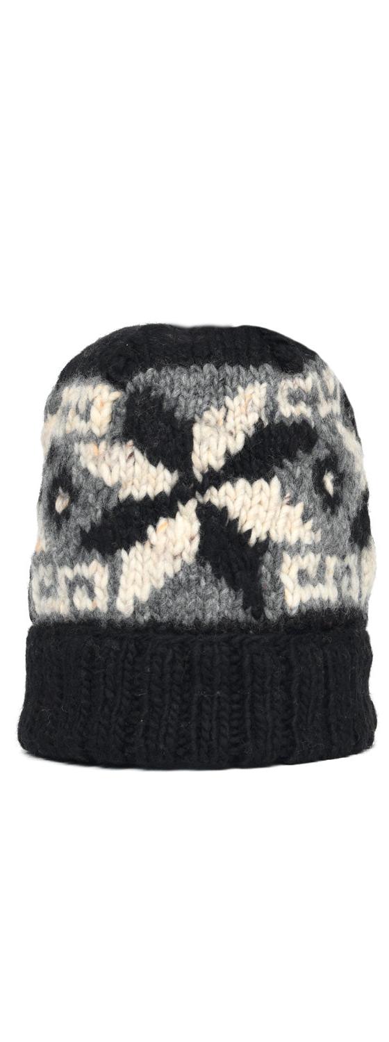 A black, grey and cream hand-knit Chamula beanie with a geometric star motif