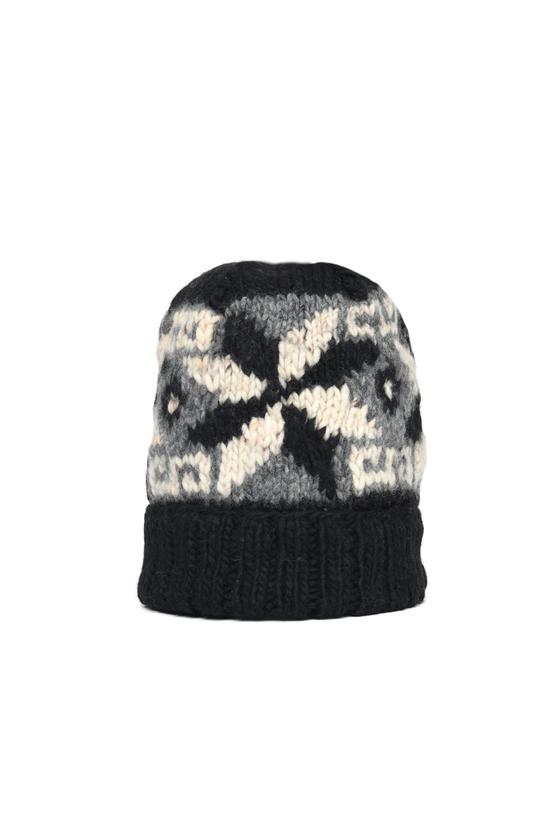 A black, grey and cream hand-knit Chamula beanie with a geometric star motif