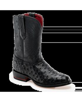 A black Chisos western boot with an ostrich-leather foot and a sunburst-stitched shaft