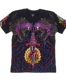 A black Christian Audigier tee with skull, dagger and spiderweb tattoo graphics