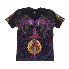 A black Christian Audigier tee with skull, dagger and spiderweb tattoo graphics