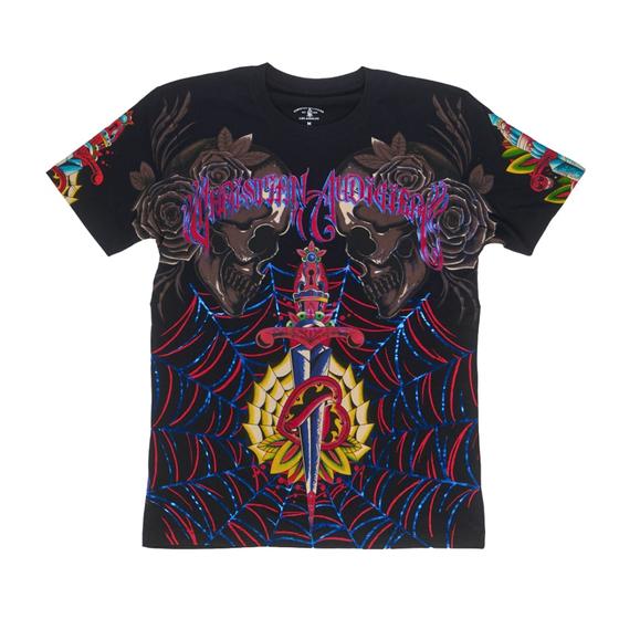 A black Christian Audigier tee with skull, dagger and spiderweb tattoo graphics