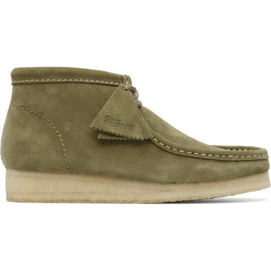 An olive suede Clarks Originals Wallabee boot with a crepe sole