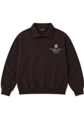 A washed brown Club 1984 collared sweatshirt with embroidered crest on a plain background