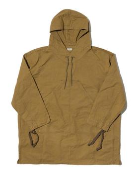 A tan cotton hooded anorak smock on a plain white background