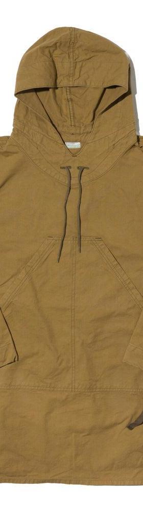 A tan cotton hooded anorak smock on a plain white background