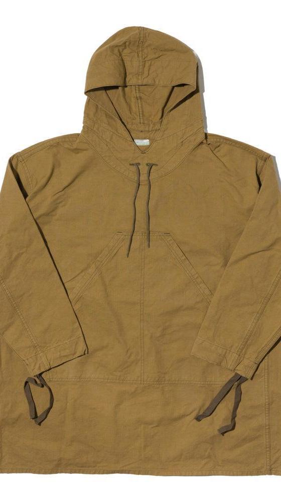 A tan cotton hooded anorak smock on a plain white background