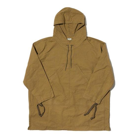 A tan cotton hooded anorak smock on a plain white background