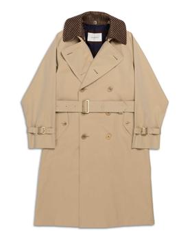 A beige Cohérence trench coat with a brown houndstooth collar and leather-buckled belt