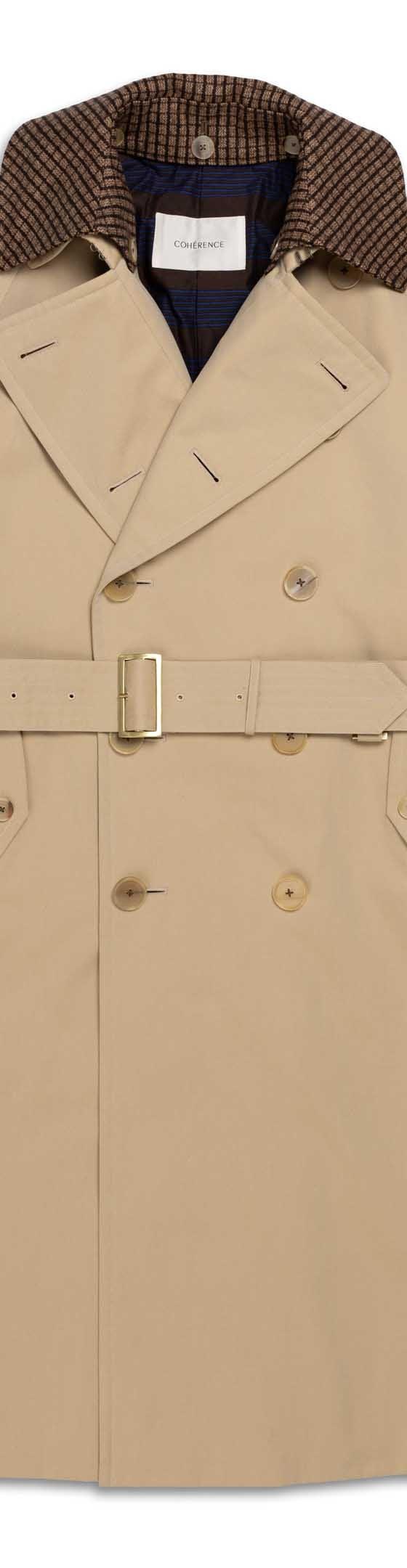 A beige Cohérence trench coat with a brown houndstooth collar and leather-buckled belt