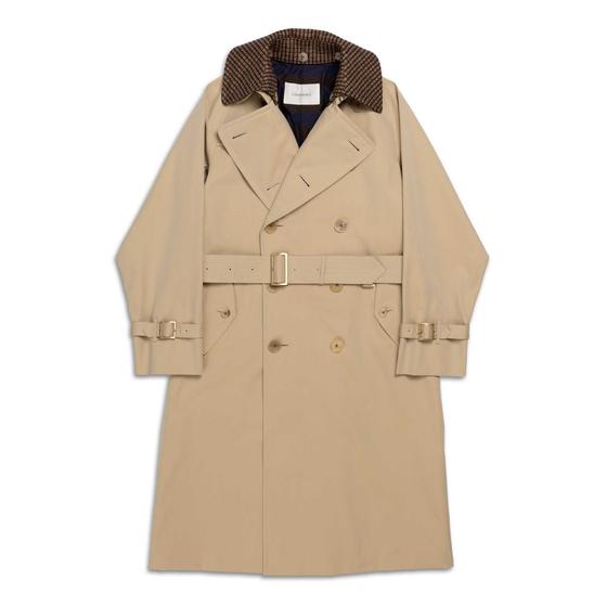 A beige Cohérence trench coat with a brown houndstooth collar and leather-buckled belt