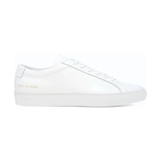A white leather Common Projects Achilles Low sneaker in side profile