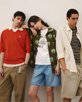 Three models wearing COVERNAT summer looks, including an orange knit polo, a floral camp shirt over a graphic tee, and a cream overshirt