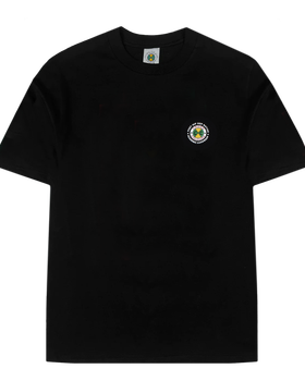 A black Cross Colours cotton T-shirt with a small circular emblem at the chest