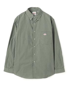A green gingham check Danton button-down shirt with red diamond logo on a white background