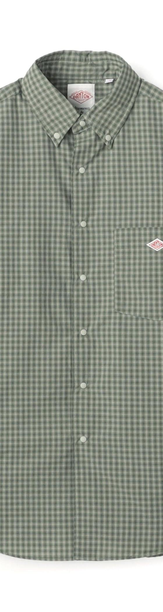 A green gingham check Danton button-down shirt with red diamond logo on a white background