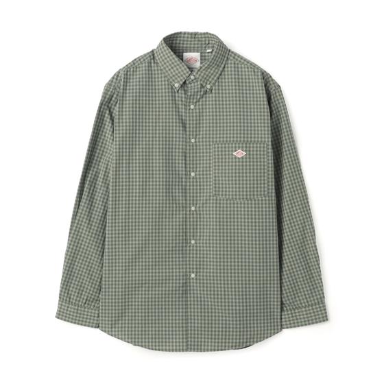A green gingham check Danton button-down shirt with red diamond logo on a white background