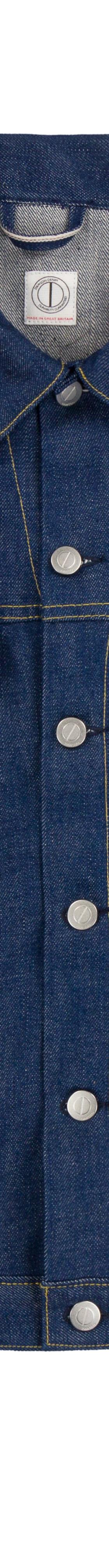 A raw indigo selvedge denim trucker jacket on a plain white background