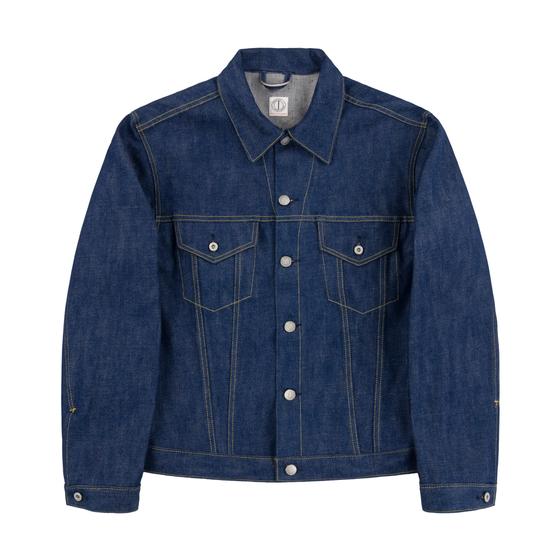 A raw indigo selvedge denim trucker jacket on a plain white background