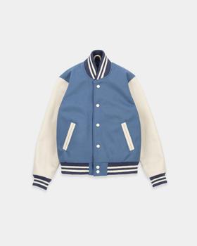 A blue and cream Dehen 1920 wool varsity jacket with leather sleeves