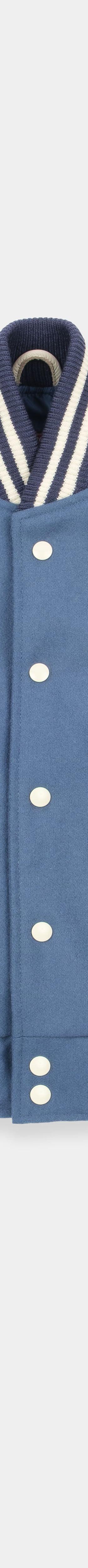 A blue and cream Dehen 1920 wool varsity jacket with leather sleeves