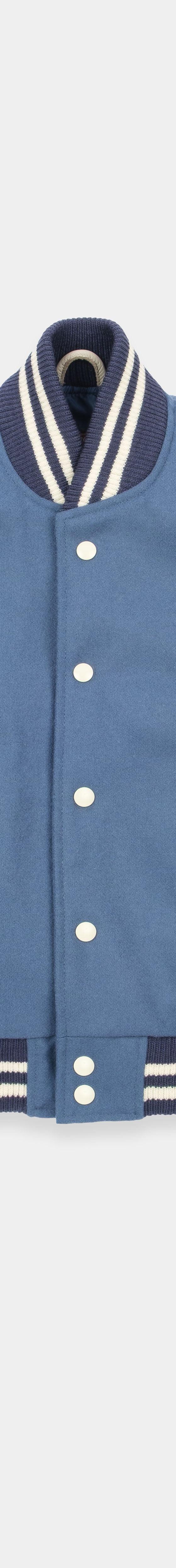 A blue and cream Dehen 1920 wool varsity jacket with leather sleeves