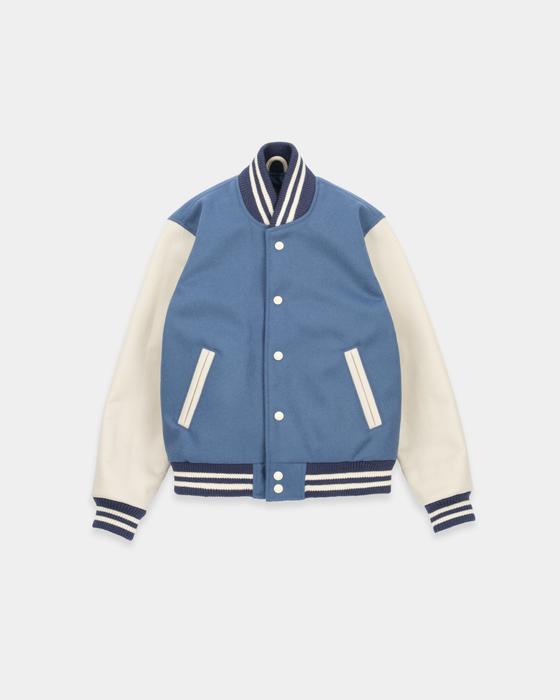 A blue and cream Dehen 1920 wool varsity jacket with leather sleeves