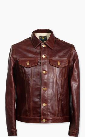 A Double Helix burgundy horsehide leather trucker jacket on a plain white background
