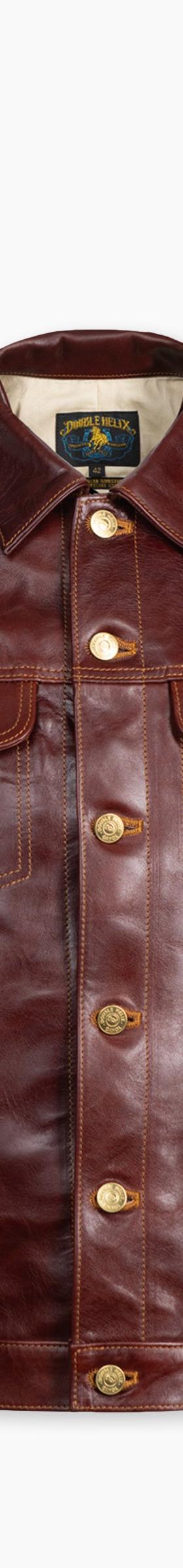 A Double Helix burgundy horsehide leather trucker jacket on a plain white background
