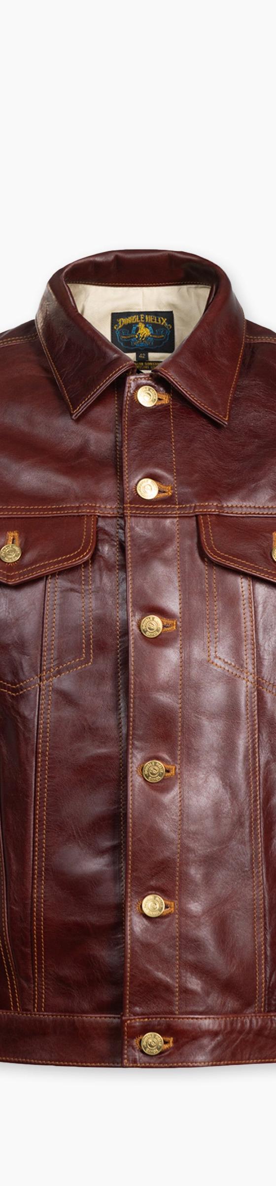 A Double Helix burgundy horsehide leather trucker jacket on a plain white background