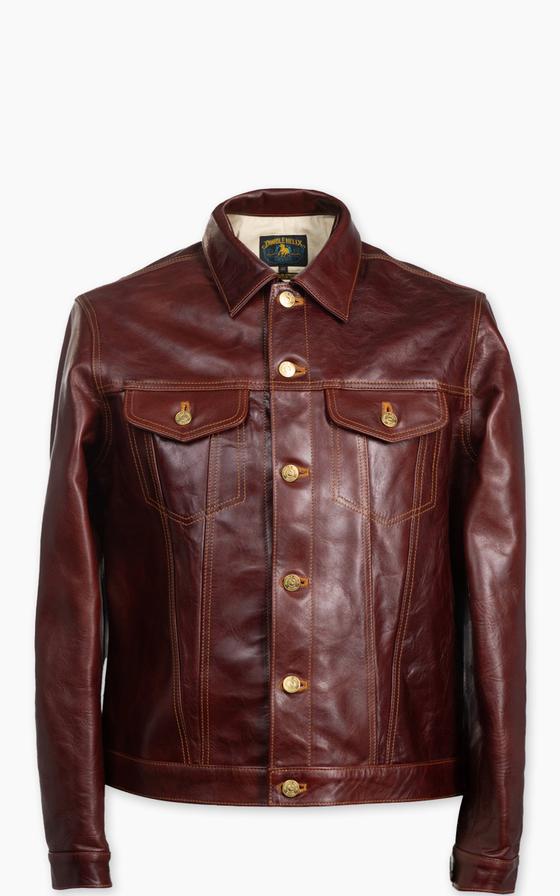 A Double Helix burgundy horsehide leather trucker jacket on a plain white background